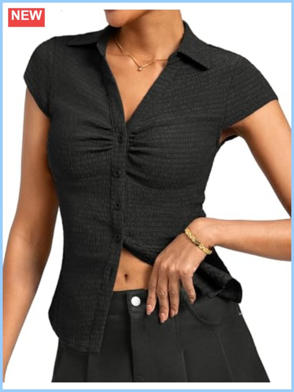 Women Ruched Button Down Blouse with V-Neck and Cap Sleeves